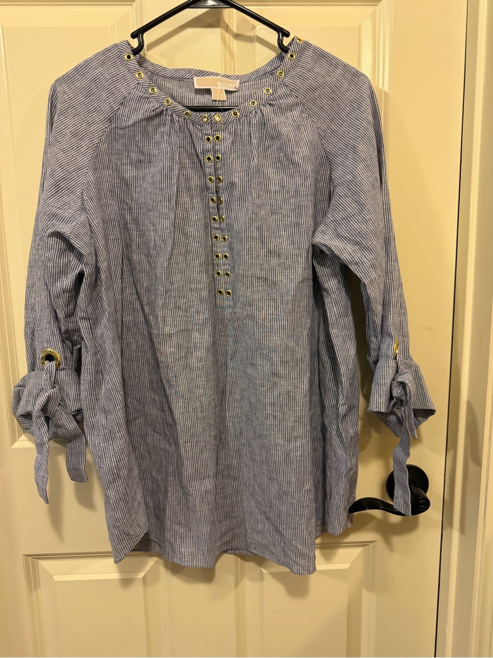 Michael Kors Linen Blue Tie-Sleeve Women’s Top with gold details